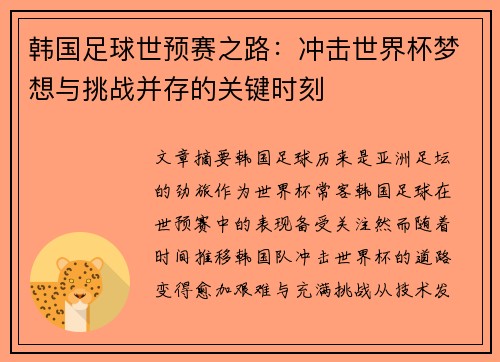 韩国足球世预赛之路：冲击世界杯梦想与挑战并存的关键时刻